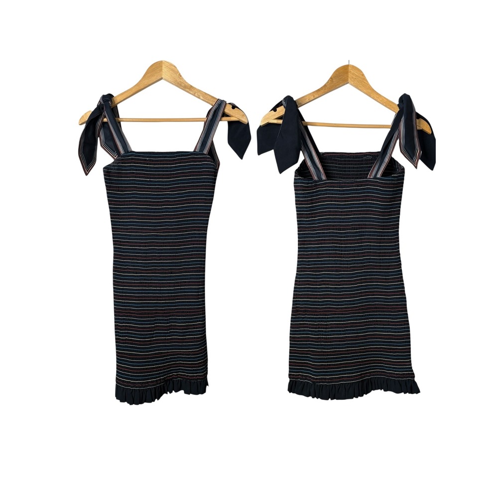 Storia Mini‎ Dress Striped Smocked Tie Strap Ruffle Hem Black Women Size Small